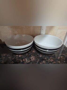 Black & White Striped Ceramic Serving Bowls - Set of 2
